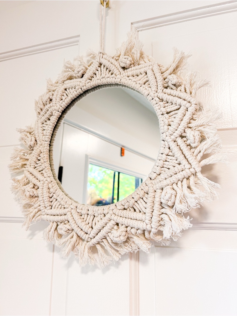 Cream Boho Round Macrame Hanging Mirror - Fringed Woven Decor - 14”